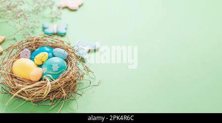 Easter banner on a green background. Bird's nest with Easter eggs. Happy Easter Stock Photo