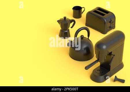 Kettle, toaster, coffee machine horn and geyser coffee maker on monochrome background. 3d render kitchen appliances making breakfast with latte coffee Stock Photo