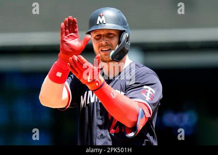 Minnesota Twins' Ryan Jeffers (27) reacts while batting during the fifth  inning of a baseball game against the Detroit Tigers, Saturday, June 17,  2023, in Minneapolis. (AP Photo/Abbie Parr Stock Photo - Alamy