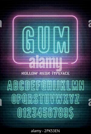 Night light extra glow font with numbers. Bubble Gum sign with blue pink hollow neon alphabet on dark brick wall background. Vector illustration Stock Vector
