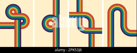 Trendy minimalist Y2K posters featuring colorful artwork. Retro groovy rainbow-colored striped posters. Geometric hippie rainbows pathways. Various abstract iridescent stripes stylish and contemporary Stock Vector