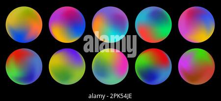 Set of circle holographic gradients, buttons. Vector illustration isolated on black background Stock Vector