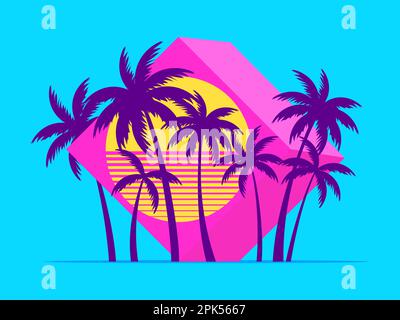 3d cube with palm trees at sunset in the style of the 80s. Futuristic advertising banner with palm trees in virtual reality, metaverse. Synthwave and Stock Vector