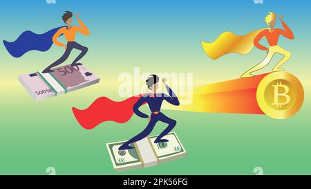 The economic race. Bitcoin is flying ahead of the dollar and the euro. banking and crypto currency Stock Vector