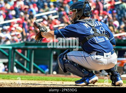 WASHINGTON, DC - APRIL 04: Tampa Bay Rays center fielder Jose Siri (22)  focuses on the pitcher during the Tampa Bay Rays versus Washington  Nationals MLB game at Nationals Park on April