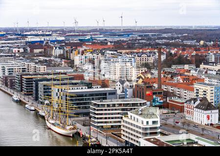 Overview of the New Harbour, residential building, training ship Germany, part of the Havenwelten, of Bremerhaven, Bremen, Germany Stock Photo