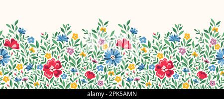 Colorful Chintz Romantic Meadow Wildflowers Horizontal Vector Seamless Pattern Border Stock Vector
