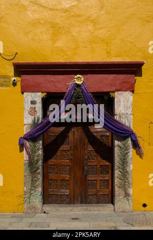 Easter decorations on the famous Macedonia Alcala pedestrian street, Oaxaca historical city centre , Mexico Stock Photo