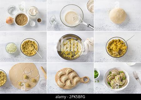 Cooking vegan dumplings with lentils. Collage, cooking recipe, step by step on a light gray table, top view Stock Photo