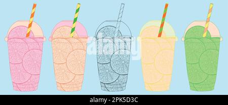 Five plastic cups with fruit slices. Orange, lemon, lime, grapefruit and citrus fruits. Black and color outlines. Stock Vector