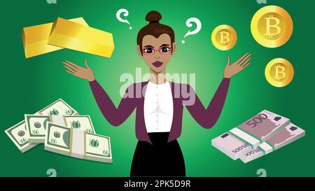 The lady is puzzled about what is going on in the world of economics and finance right now, gold, the dollar, the euro, bitcoin. business and finance Stock Vector