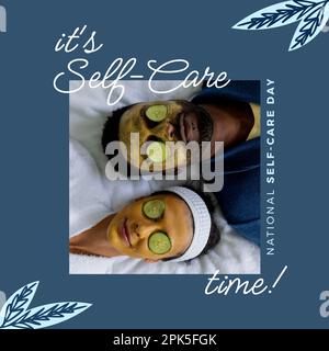 Composition of it's self-care time text with african american couple wearing beauty face masks Stock Photo