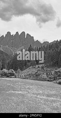 Santa Maddalena in Dolomites with Odle Mountains in Background, Italy Stock Photo