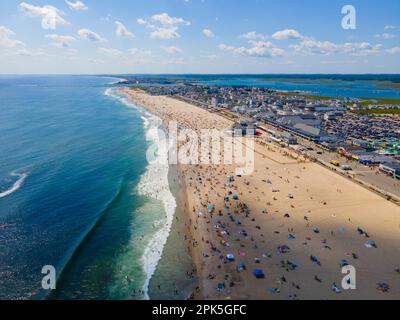 Hampton Beach aerial view including historic waterfront buildings on Ocean Boulevard and Hampton Beach State Park, Town of Hampton, NH, USA. Stock Photo