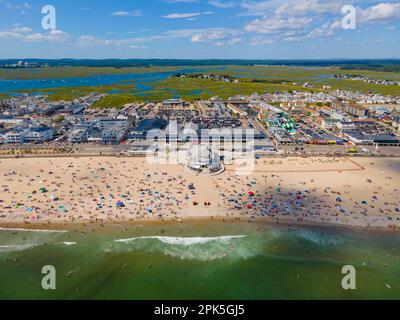 Hampton Beach aerial view including historic waterfront buildings on Ocean Boulevard and Hampton Beach State Park, Town of Hampton, NH, USA. Stock Photo