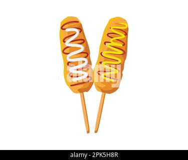 Detailed Tasty a Couple of Corn Dog with Mustard, Mayonnaise and Ketchup Illustration Stock Vector