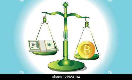 The scales are weighing the dollar and bitcoin, which weighs more heavily now in the world of economics. business and finance Stock Vector