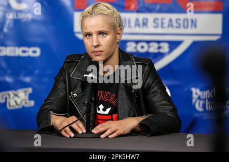 Las Vegas, NV, USA. 5th Apr, 2023. Featherweight Olena Kolesnyk speaks to media during the 2023 PFL 2 Las Vegas Media Day at the LINQ Hotel   Experience in Las Vegas, NV. Christopher Trim/CSM/Alamy Live News Stock Photo