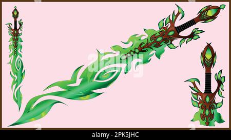 A fantasy sword of the woodland element of wood and foliage, a beautifully elegant sword of the world of fairy tale and fantasy. magical sword Stock Vector