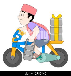 Boy delivery courier on a bicycle delivering food to customers. vector design illustration art Stock Vector