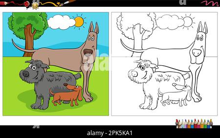 Cartoon illustration of funny dogs comic characters group in the park coloring page Stock Vector