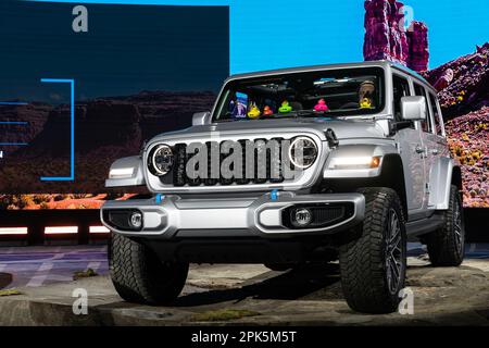New York, USA. 05th Apr, 2023. All-electric new Jeep Wrangler on display during press day at New York International Autoshow at Jacob Javits Center on April 5, 2023. (Photo by Lev Radin/Sipa USA) Credit: Sipa USA/Alamy Live News Stock Photo
