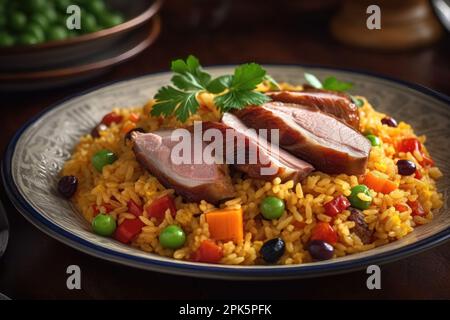 a delicious and hearty Portuguese rice dish called Arroz de Pato. The dish features succulent pieces of duck meat, flavorful chorizo sausage, and a va Stock Photo