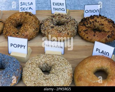 Fresh Bagels on Display for Sale Stock Photo