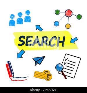 SEO concept. Word SEARCH and different drawings on white background, illustration Stock Photo