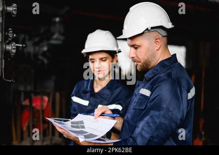 Two technicians engineers workers holding tablet checking Stock Photo