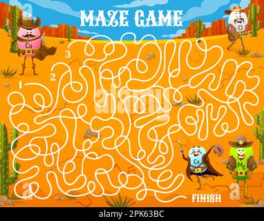 Labyrinth maze. Wild West cartoon cowboy, sheriff, bandit and robber vitamin characters. Labyrinth kids puzzle, path find game vector worksheet with C Stock Vector