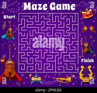 Labyrinth maze game wizard musical instrument characters, sound waves and notes. Kids vector riddle, test worksheet with drum, double bass, horn, viol Stock Vector