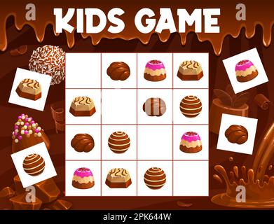 Sudoku game, chocolate praline and fudge candy, souffle, truffle and jelly with hazelnut bonbons, vector quiz. Chocolate sweets and candy comfits on s Stock Vector
