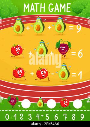 Cartoon avocado characters math game worksheet. Vector mathematics ...