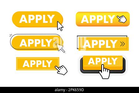 Set of Apply button. Hand pointer clicking. Apply web buttons Stock Vector