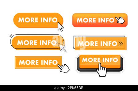 Set of more info button. Hand pointer clicking. More info web buttons Stock Vector
