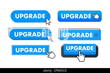 Set of upgrade button. Hand pointer clicking. Upgrade web buttons Stock Vector