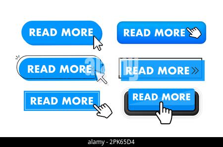 Set of read more button. Hand pointer clicking. read more web buttons Stock Vector
