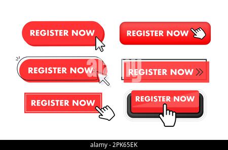Set of Register now button. Hand pointer clicking. Register now web buttons Stock Vector