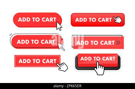 Set of add to cart button. Hand pointer clicking. Add to cart web buttons Stock Vector