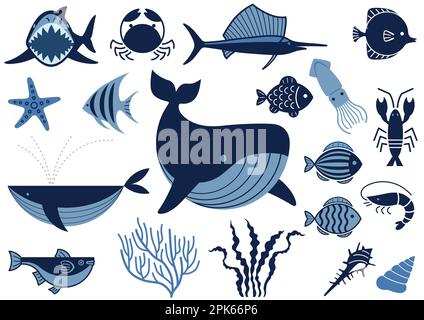 Vector Marine Life Illustration Set Isolated On A White Background. Stock Vector