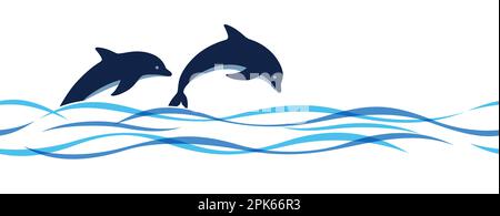 Vector Jumping Dolphins And Waves Seamless Illustration Isolated On A White Background. Horizontally Repeatable. Stock Vector