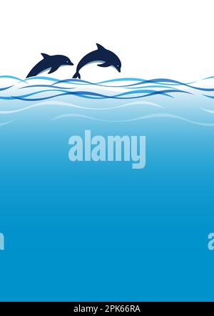 Vector Jumping Dolphins And Waves Seamless Background Illustration With Text Space. Horizontally Repeatable. Stock Vector