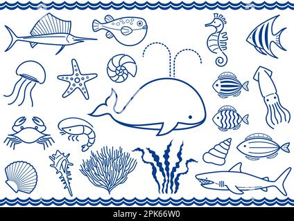 Vector Marine Life Illustration Set Isolated On A White Background. Stock Vector