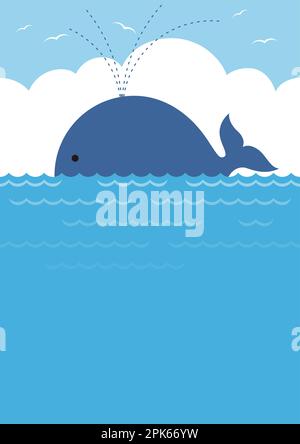 Vector Blue Whale In The Sea Seamless Background Illustration With Blue Sky, White Clouds, And Text Space. Horizontally Repeatable. Stock Vector
