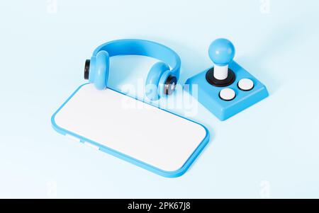 Cartoon game control stick and headset in the blue background, 3d rendering. Digital drawing. Stock Photo
