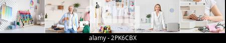 Collage of mature tailors with sewing machine and supplies in workshop Stock Photo