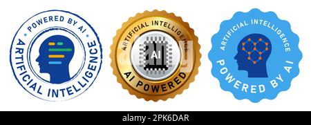 Powered by AI Artificial Intelligence label stamp emblem logo of neural network study Stock Vector