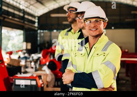 Group of confident engineers workers smiling at factory Stock Photo