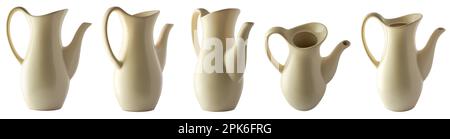 ceramic teapot or coffee pot without lid, traditional style glossy and tall tableware isolated on white background, taken in different angles Stock Photo